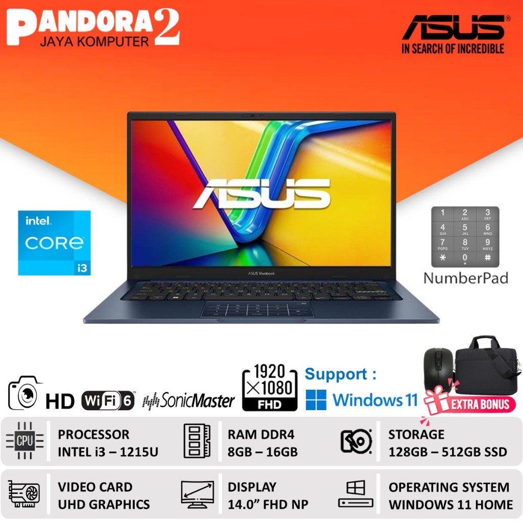 Laptop ASUS Vivobook 14 X1404ZA core i3 1215U 512GB SSD 16GB FHD Win11 Baru