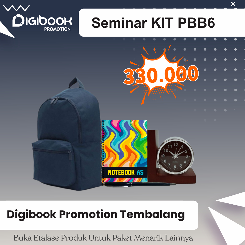 

Tas Backpack Cordura, Jam Meja Kayu, Notebook hardcover A5, Pulpen Besi | Paket Seminar Kit Isi 4 | PBB 6.2