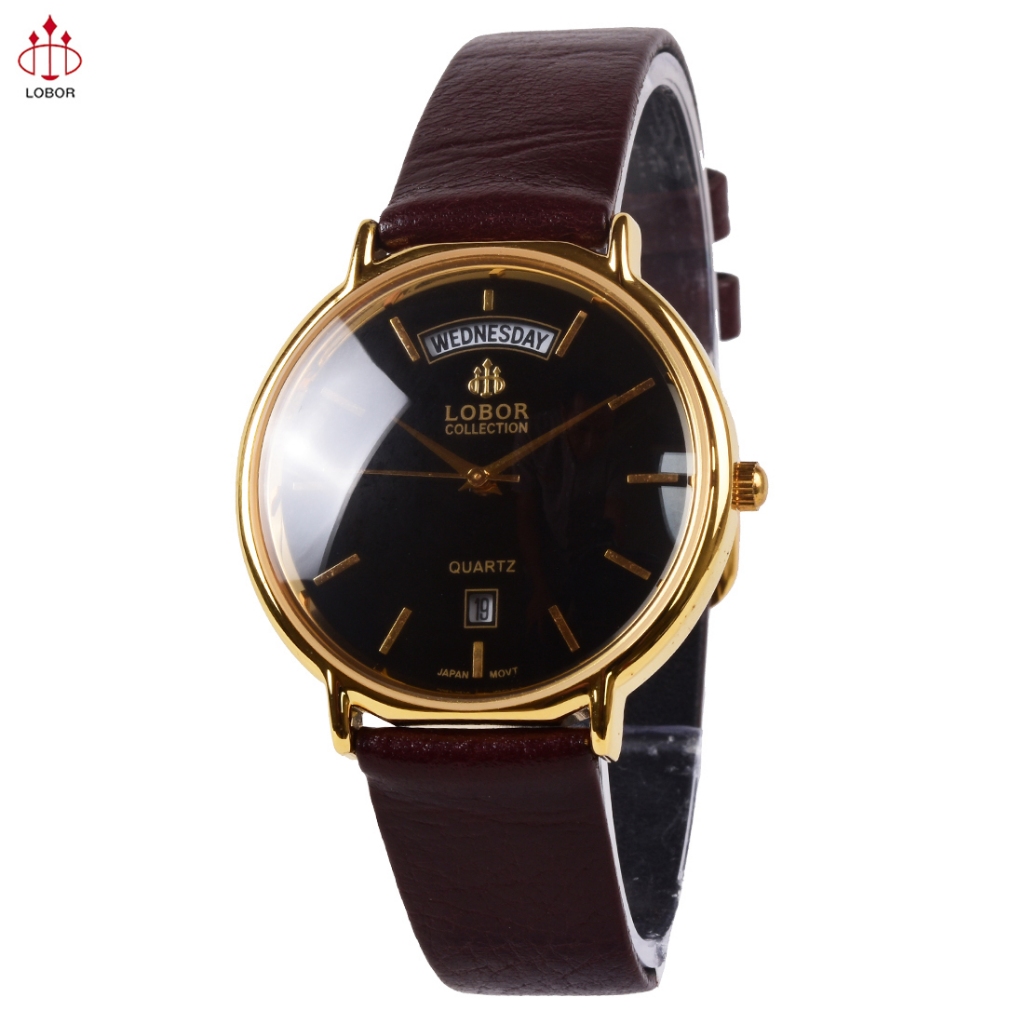 Lobor D2703-2M Watch - Jam Tangan Analog Pria - Gold Case Black Dial Brown Leather Strap