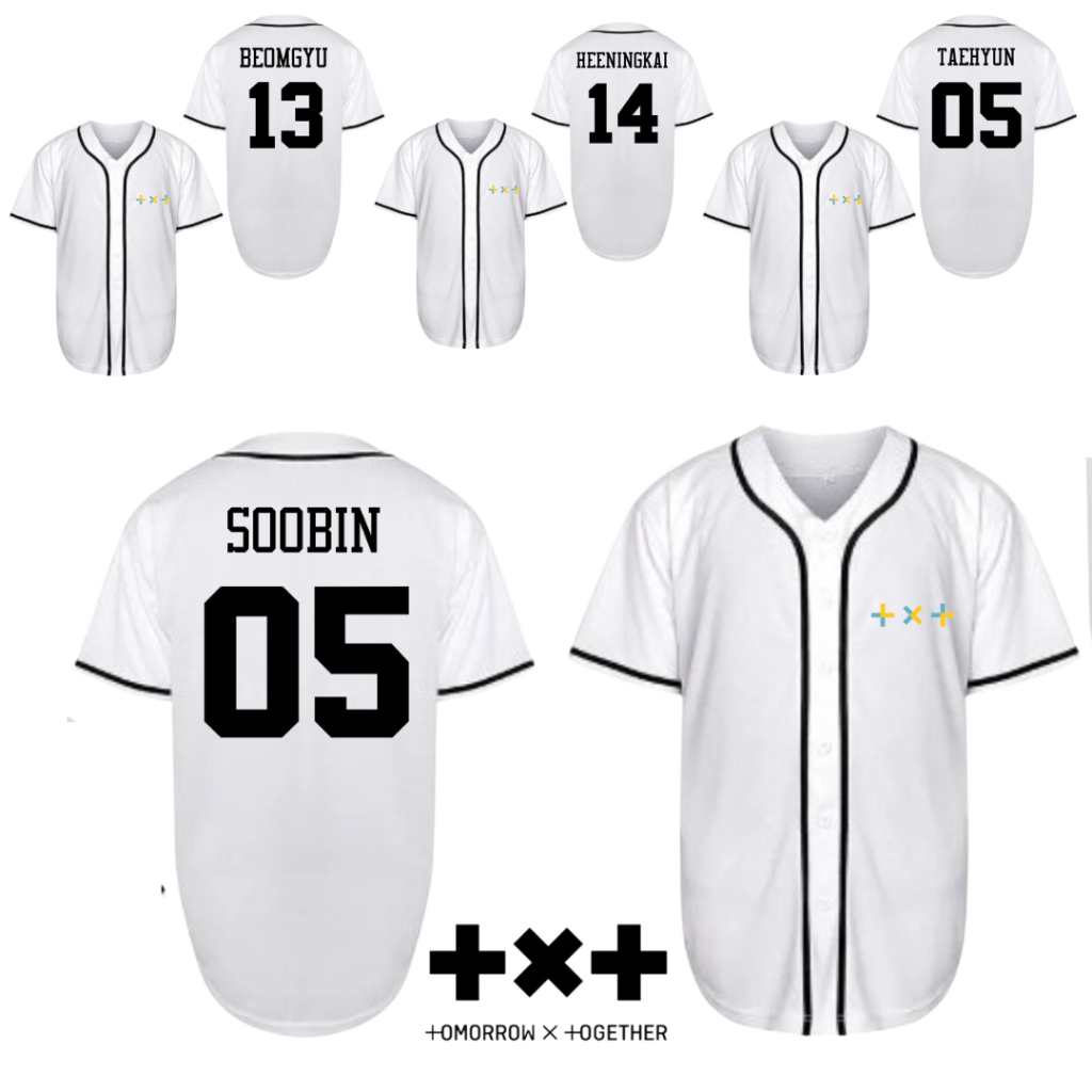 Jersey baseball txt putih baju atasan olahraga kpop sport yeonjun soobin beomgyu heuningkai taehyun 