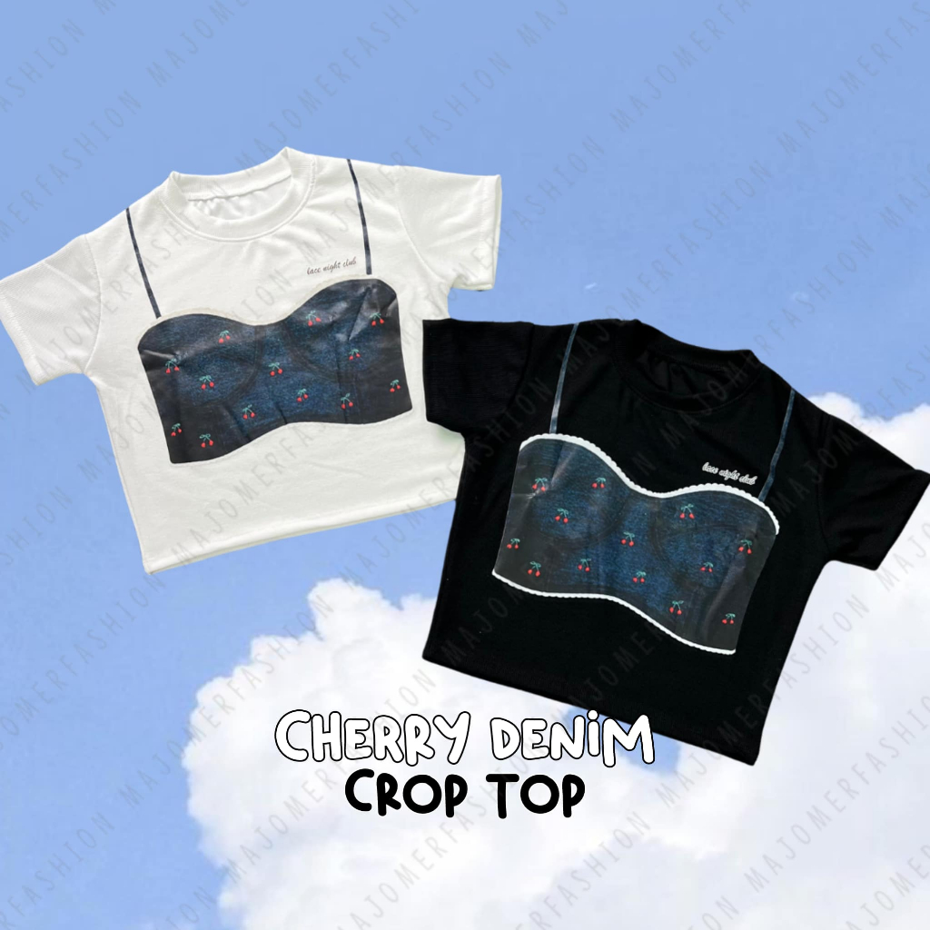 Majomer | Cherry Denim Crop Top - Kaos Crop Wanita Lengan Pendek