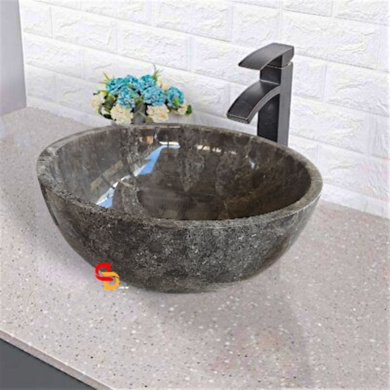 Wastafel marmer bowl | bulat estetik | sink minimalis Diameter 35 | cucitangan rumah | Gratis packin
