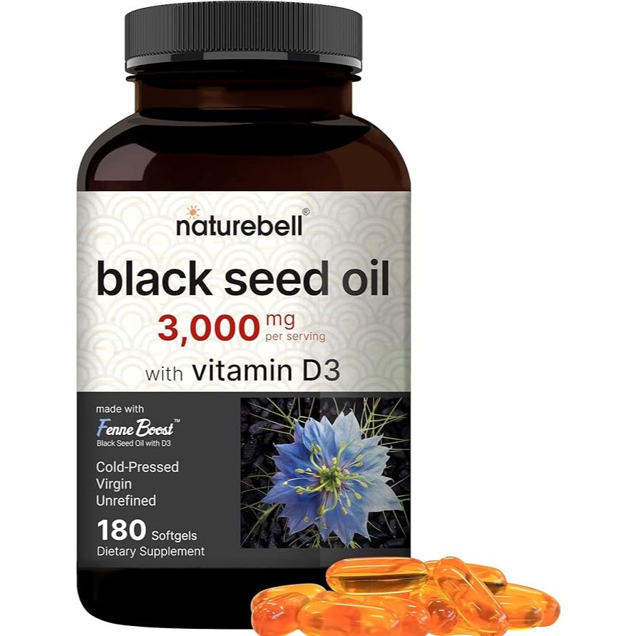 Cold Pressed Black Seed Oil 3,000mg Egyptian Nigella Sativa, Odorless Black Cumin Seed Naturebell US