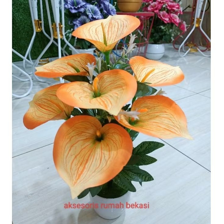 RB GROSIR - Bunga plastik anthurium/bunga lilly/bunga Aron panda K7 dengan pot lumut melamin bulat