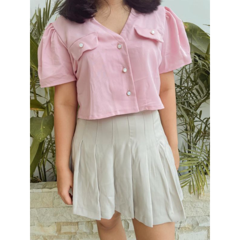 baju crop top lengan pendek kancing wanita kekinian/Women's Short Sleeve Button Crop Top/