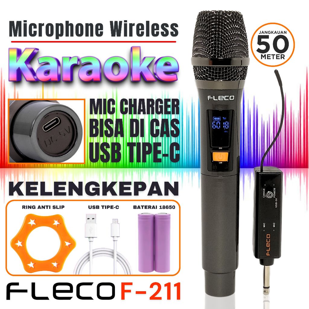 Mic Tanpa Kabel Profesional Wireless Microphone Mic Tanpa Kabel Fleco F-211 Mic Karaoke