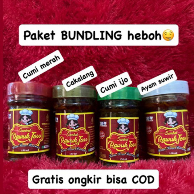 

BUNDLING 4 SAMBEL CUMI MERAH SAMBEL CUMI IJO SAMBEL AYAM SUWIR SAMBEL CAKALANG ONKY 150g enak puas hemat