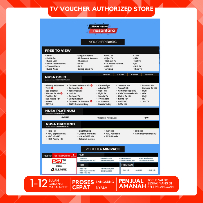 Paket Nusa Minipack Tanaka Nusantara HD Transvision Samsung HD JOWO GOLD HIBURAN ANAK PLATINUM