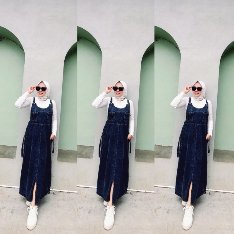 Hikmah - Jumpsuit Jeans Wanita Korean Style Oversize Vintage Polos Premium | Overall Denim Wanita Ba