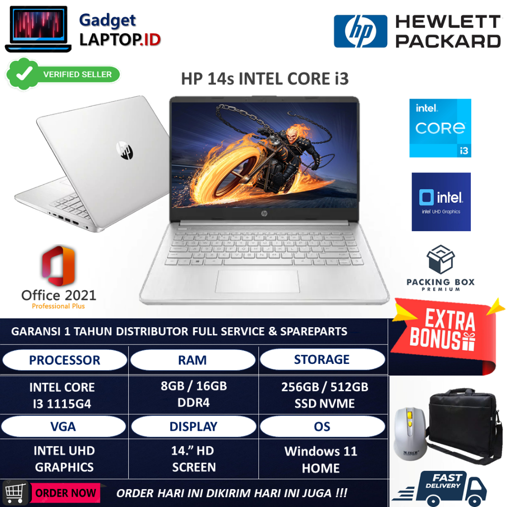 Laptop Baru Hp 14 Intel Core i3 1115G4 Silver Ram 16GB 512GB SSD 14 Inch HD Windows 11 Home Original