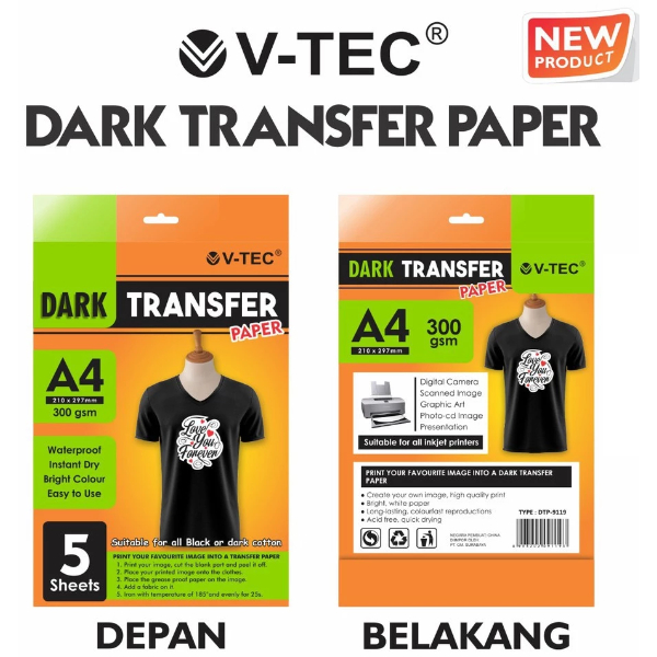 

[1 Bungkus] Dark Transfer Paper Vtec 300gsm A4 / Kertas Transfer Baju Hitam Vtec 300gsm A4