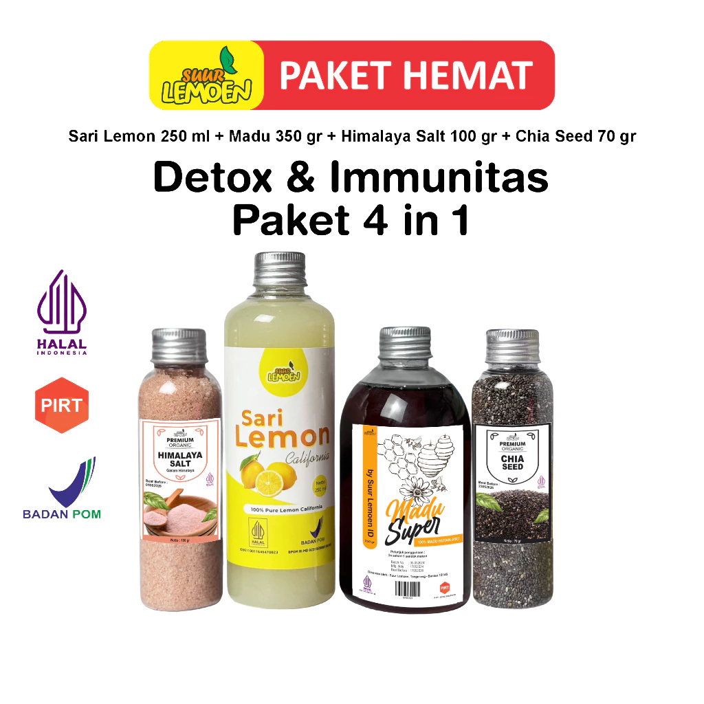 

Paket Detox Diet Imunitas Sari Lemon Murni Madu Chia Seeds Garam Salt Himalaya 4 in 1 by Suur Lemoen ID - LV