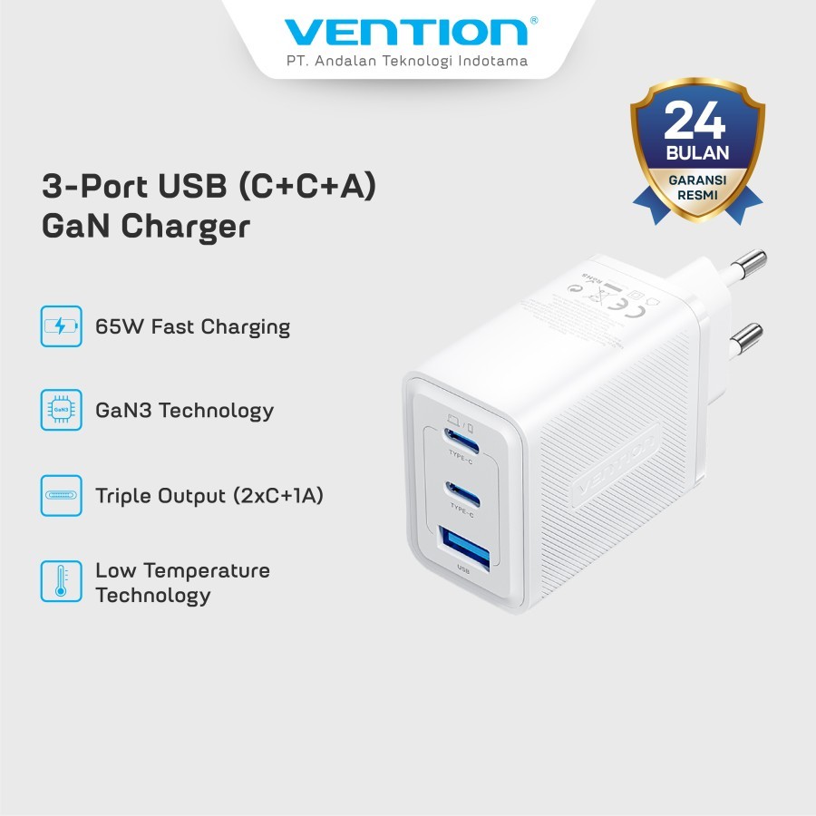 Vention Charger 65W Gan 65W Fast Charging 3Port 2C+1U - FER