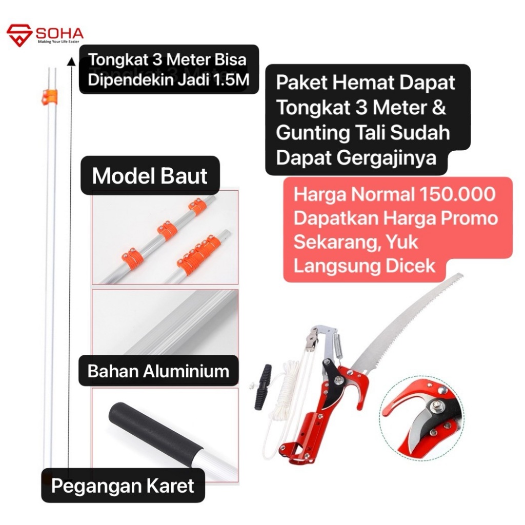 Tongkat Galah Panjang Dapat Gunting Alat Petik Buah dan Gergaji Gergaji Pemotong Dahan Buah Tree Pru