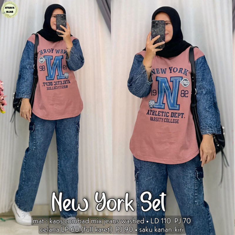 New York Soka Set BY Athaya Setelan Kaos Mix Jeans Setelan Baju Wanita Jumbo Oversize Lengan Panjang