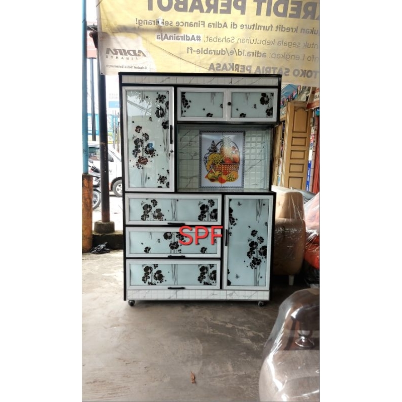 lemari rak dapur piring aluminium kaca 3 pintu + laci