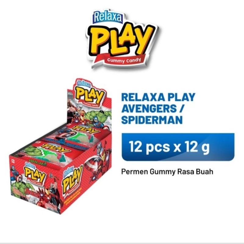 

Relaxa Play Permen Gummy Avengers Assorted frozen & spiderman 40 g & Box 12g x 12pcs