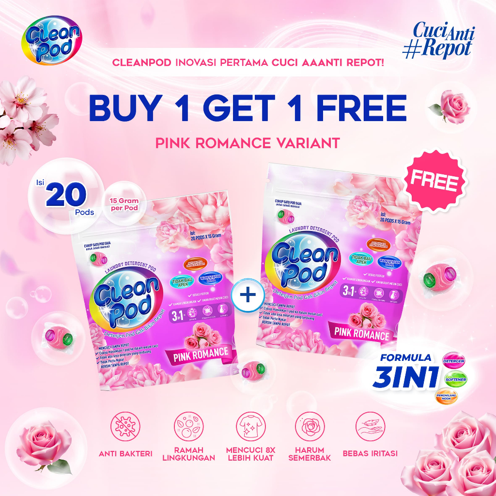 [ BUY 1 GET 1 FREE ] CleanPod Pink Romance Laundry Detergent Pod/ Deterjen Laundry Pod (1 Pack isi 2