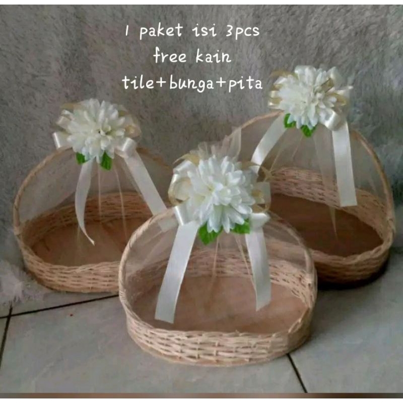 Keranjang rotan ombak natural tangkai 1 paket isi 3pcs free kain tile+bunga+pita