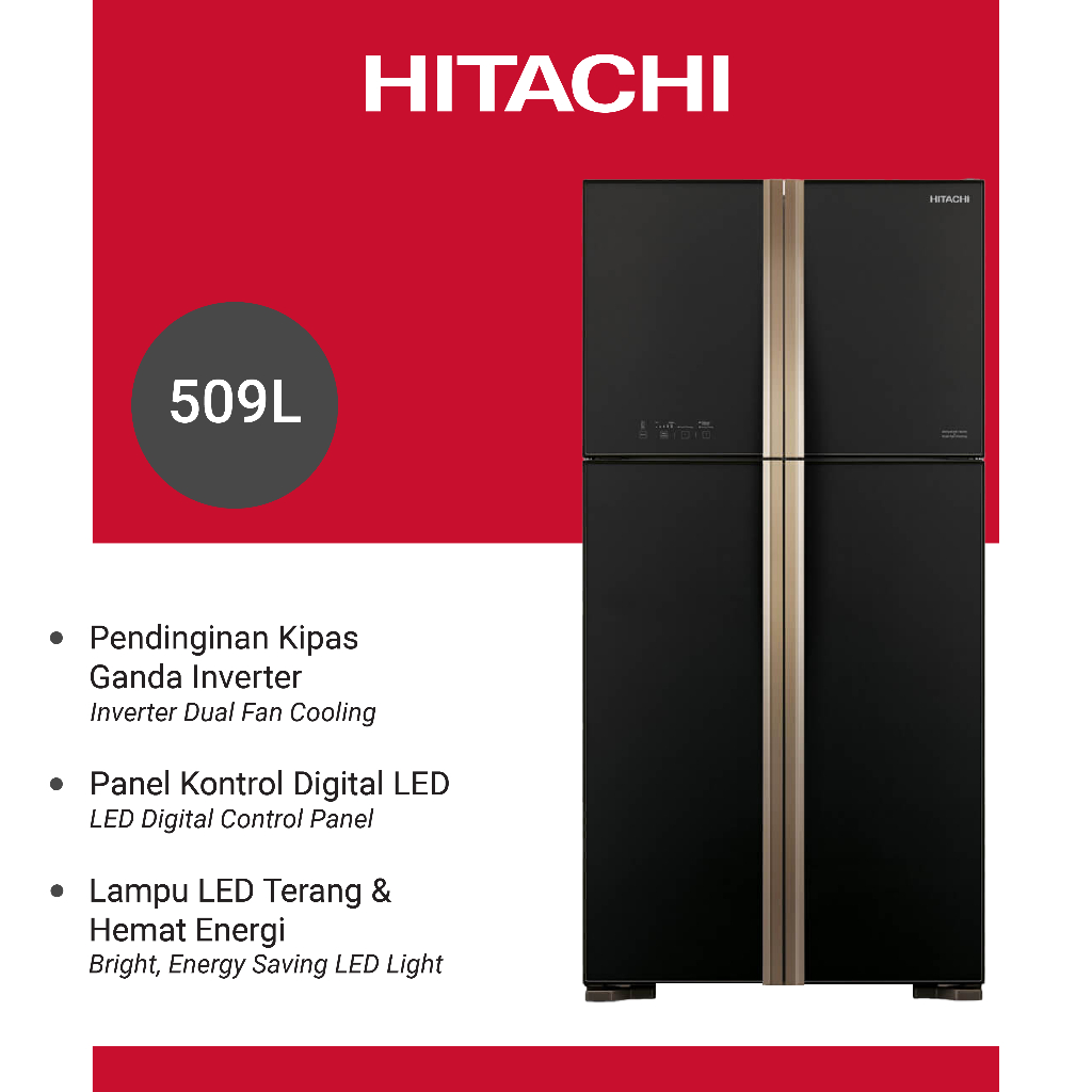 HITACHI Kulkas 4 Pintu Side By Side 509 Liter R-W61PGD4-GBK