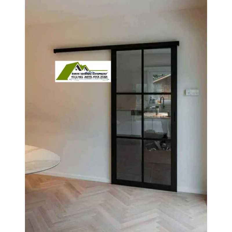 Pintu sliding aluminium dan kaca model single dan double motif ornamen