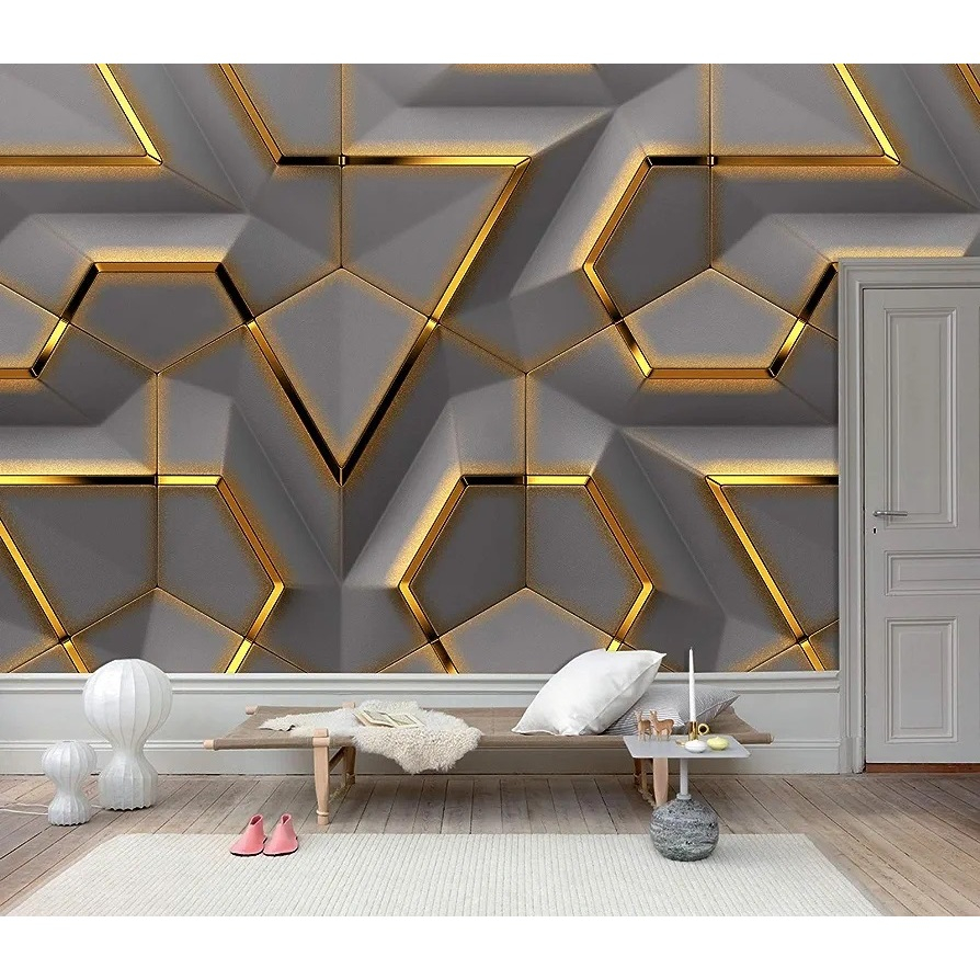 WALLPAPER DINDING GEOMETRIC 3D ABU LIST GOLD