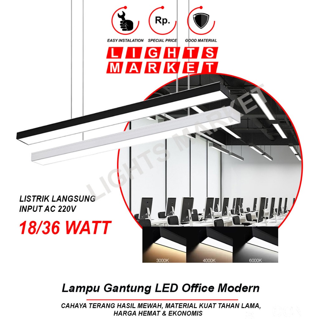 Lampu LED Gantung Panjang 18W 36W Terang Modern Minimalis Plafon Rumah Kantor Dan Cafe