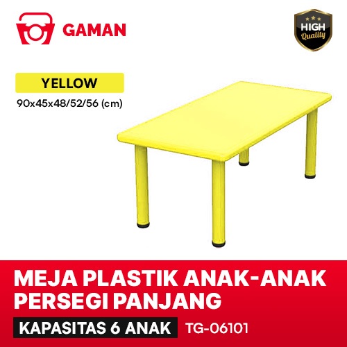 MEJA PLASTIK ANAK-ANAK PERSEGI PANJANG - 90x45x48/52/56 (cm) KAPASITAS 6 ANAK - KUNING - TG-06101