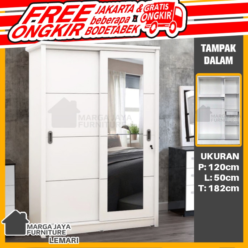 Lemari Pakaian 2 pintu sliding + Cermin kaca minimalis Baju Jumbo