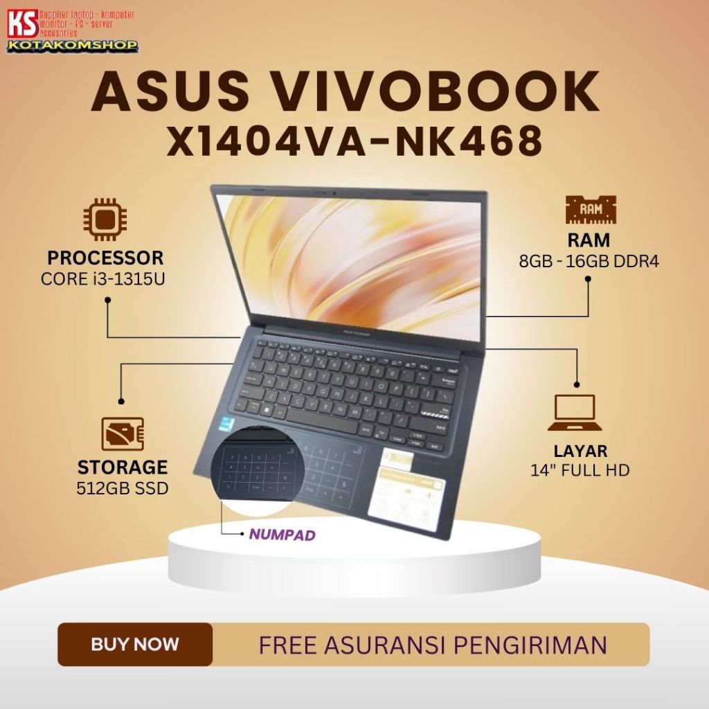 BARU! Laptop Asus VivoBook X1404VA-NK468 Core i3-1315U Ram 16Gb Ssd 512Gb 14" Full Hd - Numpad - Lap