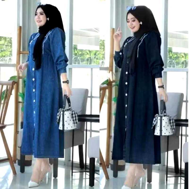 hemat atasan long tunik jeans model terbaru variasi renda mewah simple formal nyaman midi dress