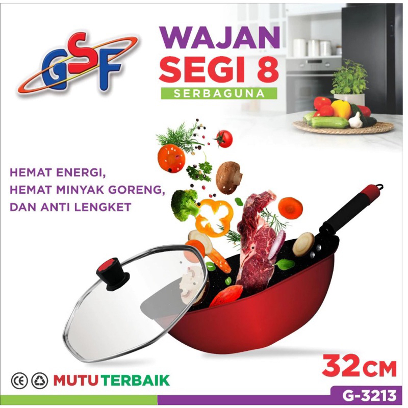 Panci Goreng Wajan Segi 8 Serbaguna GSF G-3213 Tutup Kaca Anti Lengket
