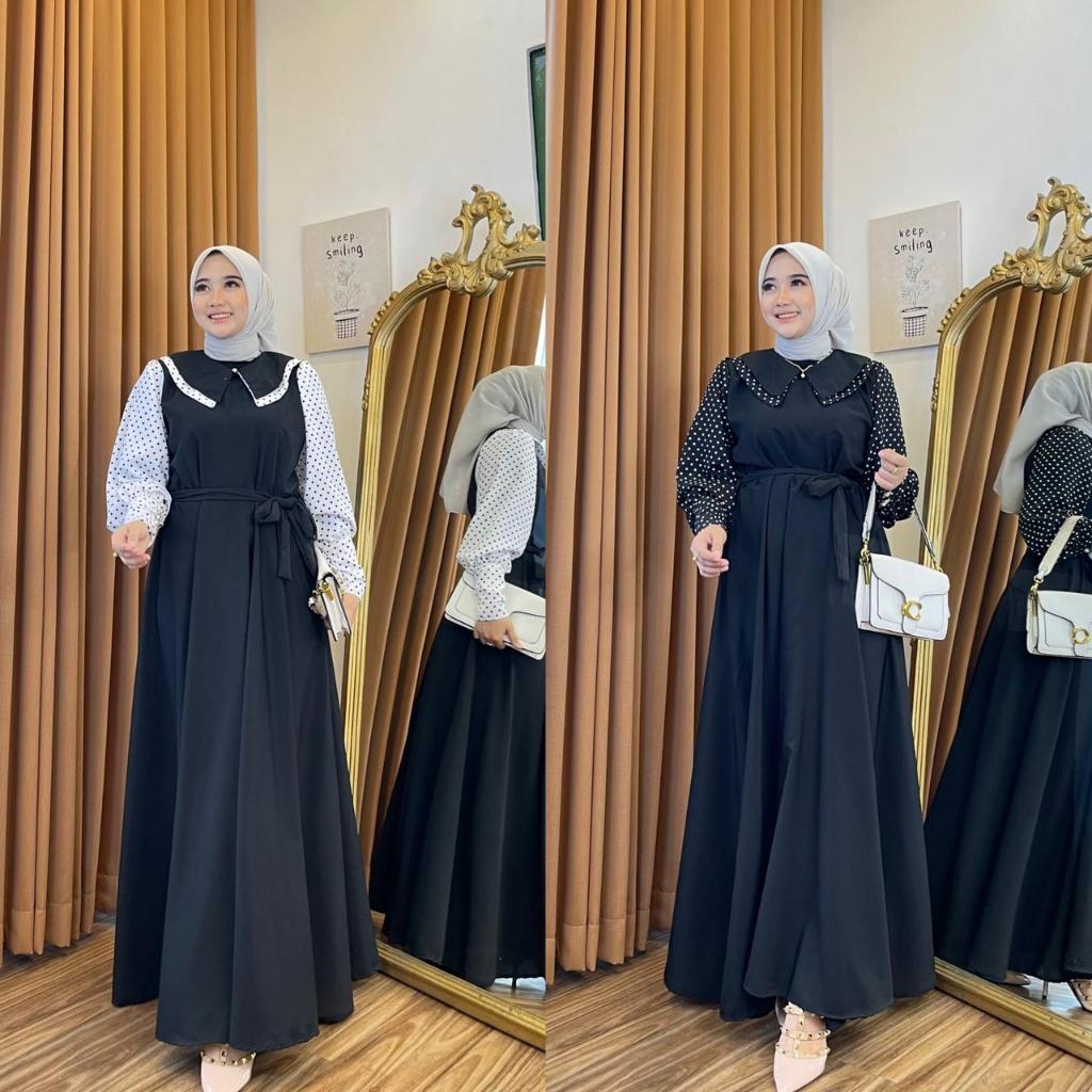 ELYCIA DRESS BAHAN TWILL PREMIUM kombinasi KATUN POLKADOT