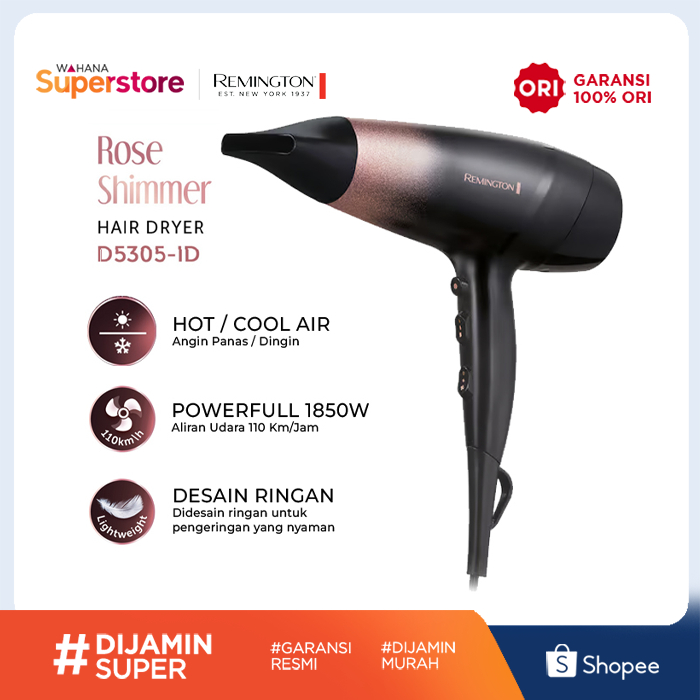 Pengering Rambut Remington Rose Shimmer D5305-ID 1850W, 3 Suhu & 2 Kecepatan, Ionic Conditioning