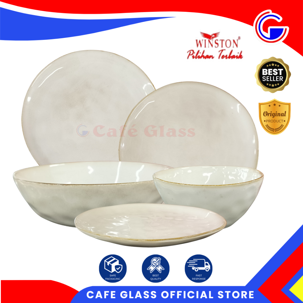 Piring Set Motif Polkadot | Piring Mangkok Saji Keramik | Piring Makan Timbul Putih Cream