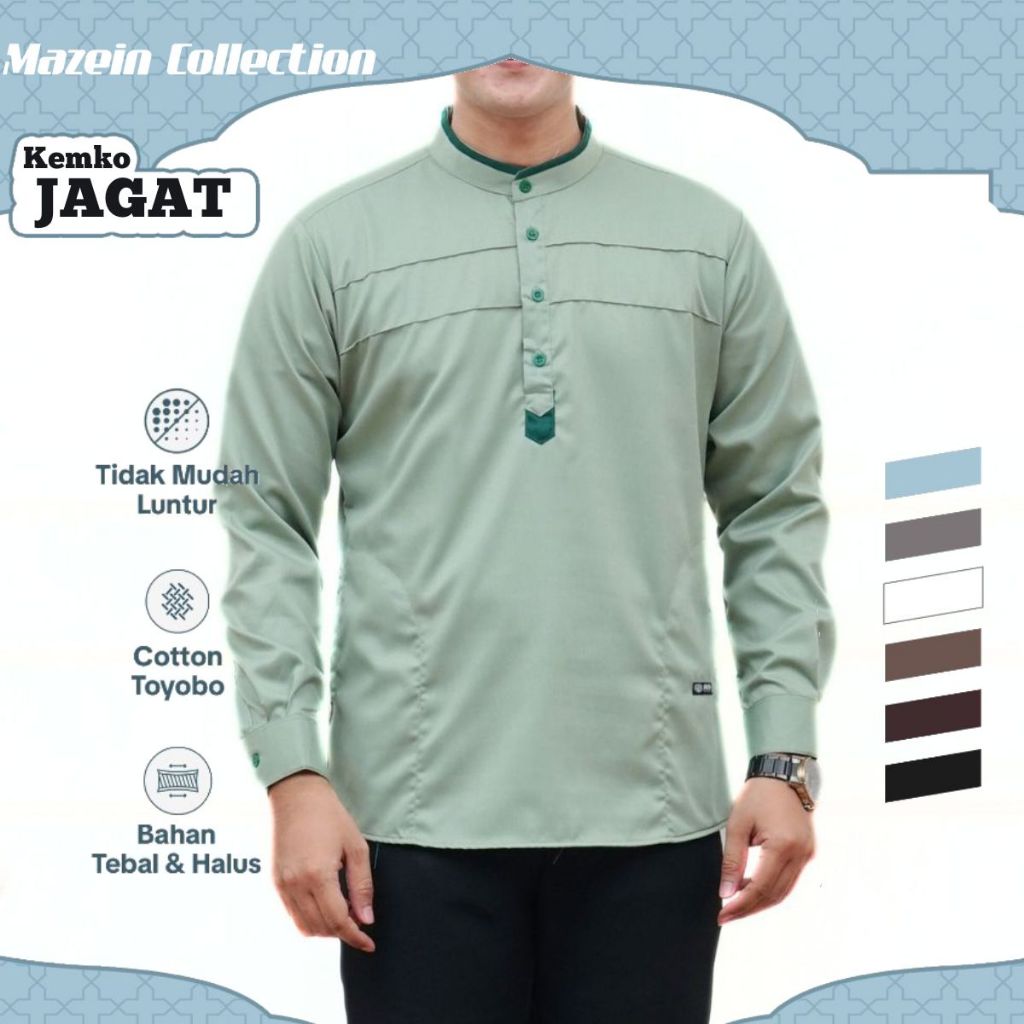 ABHA - Baju Koko Pria Hadroh Kombinasi Motif Jagat Lengan Panjang Warna Sage M L XL