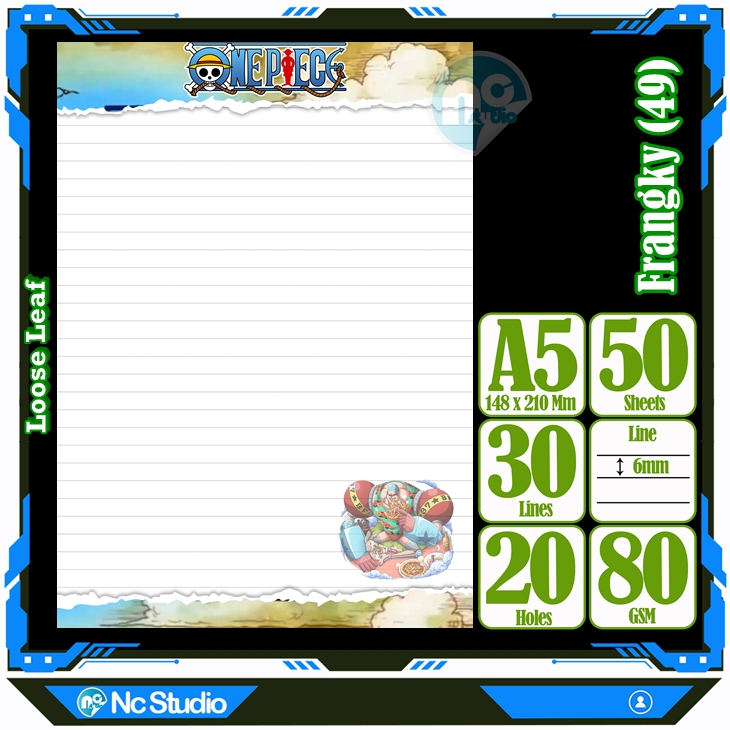 

Loose leaf Kertas binder A5 Isi 50 Lembar Polos karakter Frangky Frangki One Piece Anime Kartun Buku Refil isi ulang Repil Vol-16