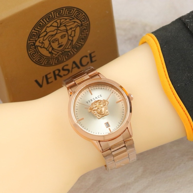 Jam Tangan Wanita VERSACE Rantai Stainless Steel Tanggal Aktif Jam Tangan Fashion Cewek