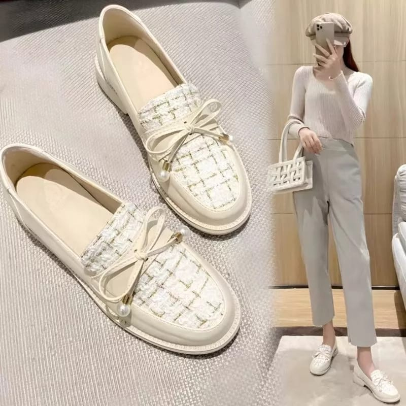 SEPATU WANITA CREAM KREM FLAT SHOES LOAFER FASHION KOREA STYLE CASUAL PREMIUM BRANDED KEKINIAN MODIS