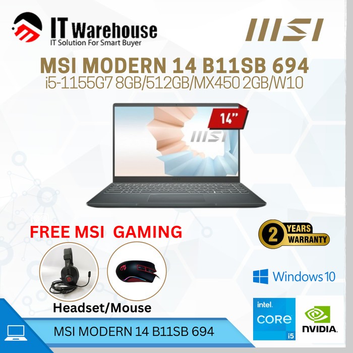 MSI MODERN 14 B11SB 694 i5-1155G7 8GB/512GB/MX450 2GB/W10