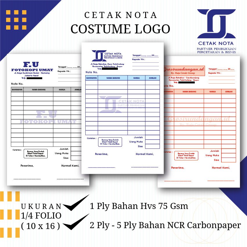 

CETAK NOTA COSTUME LOGO/PROMO OPENING/NOTA/KWITANSI/SURAT JALAN TERMURAH/ 1/4 FOLIO/FREE DESAIN