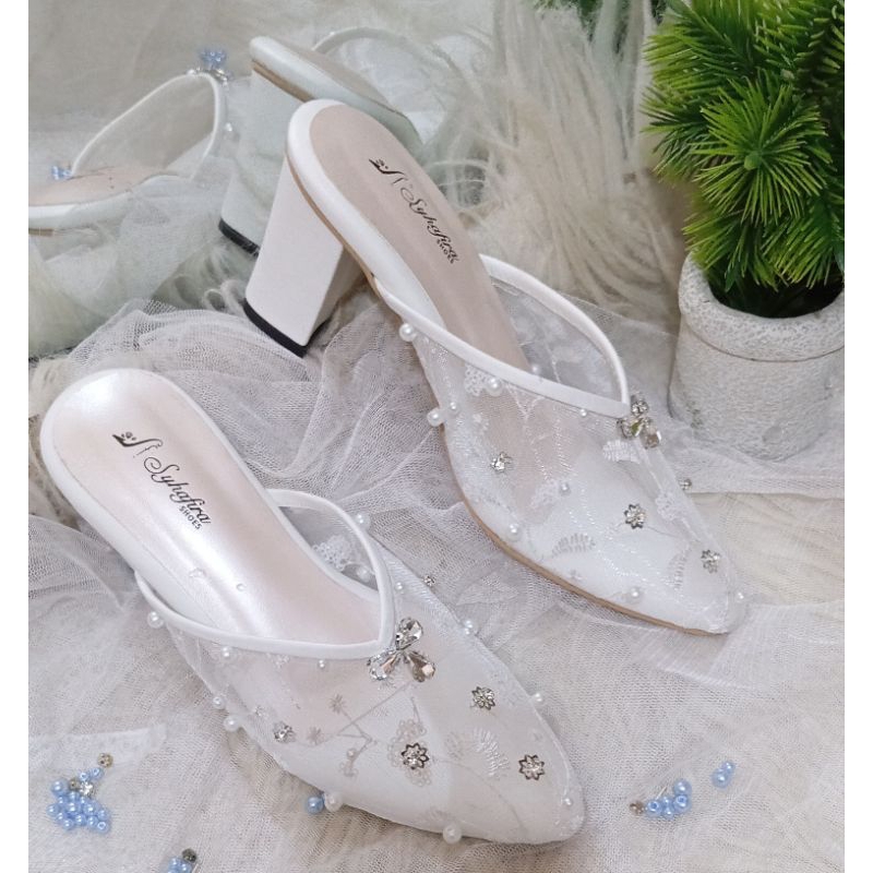 Syhafira - Casandra Selop Pengantin Selop Wanita Heels 7 cm Tahu Putih
