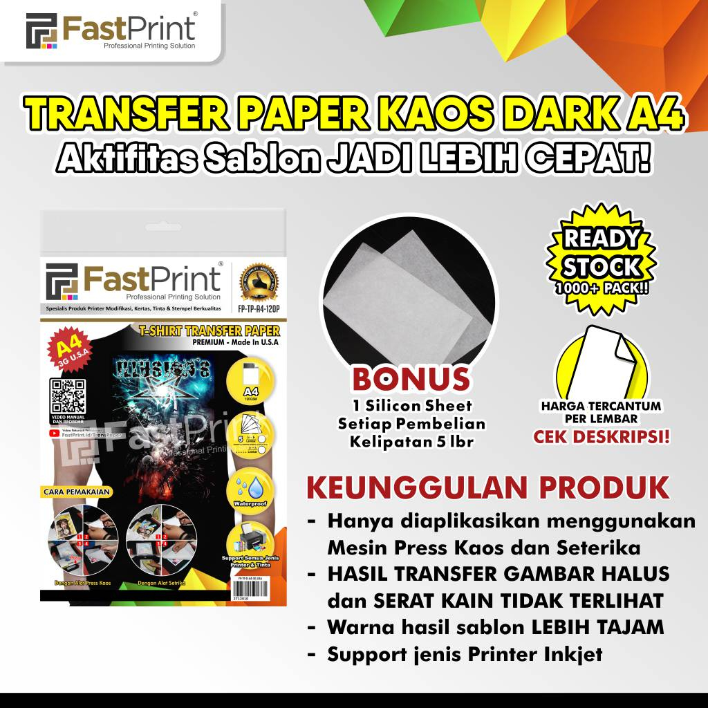 

Kertas Transfer Paper Fast Print USA Premium Dark Sablon Kaos A4