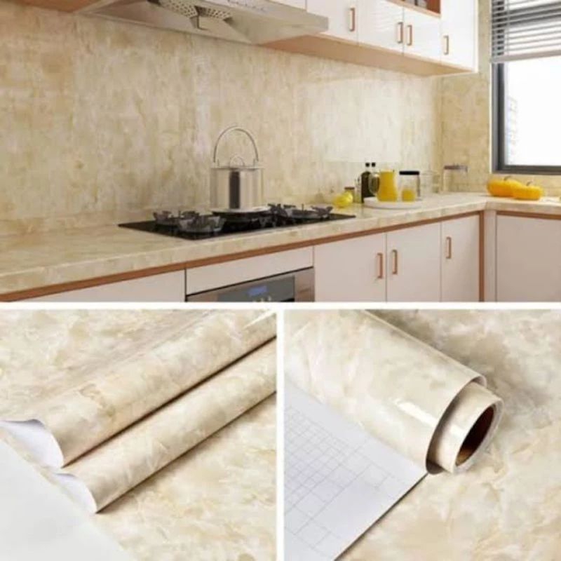 BARU.. Wallpaper Sticker Dinding Marmer Marbel Glossy Cream Dekorasi Ruang Dapur Kitchen Elegant