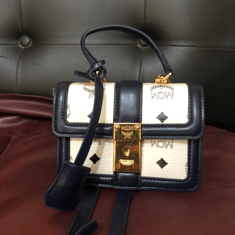 MCM* top handle navy white mini sling bag preloved second