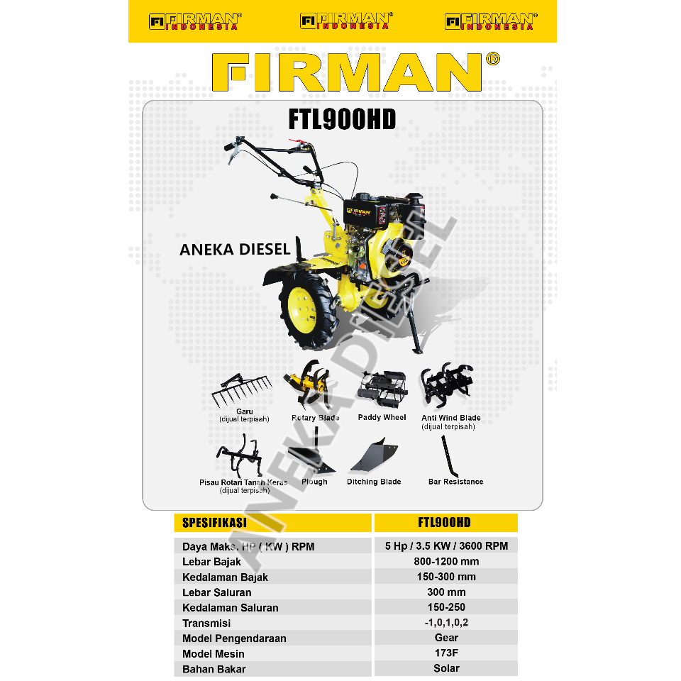 Mesin Bajak Ladang Sawah Solar Traktor FIRMAN FTL 900HD Cultivator Tiller Machine FTL 900HD FIRMAN