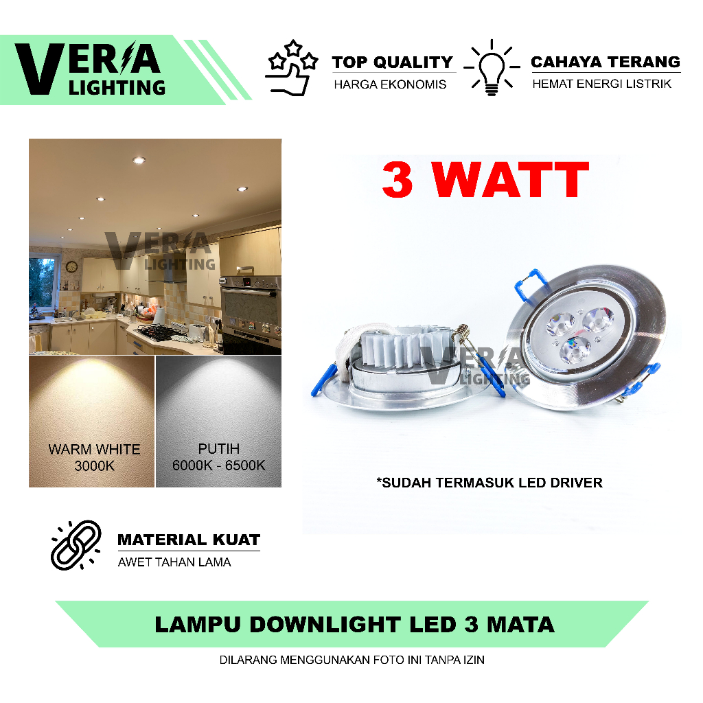 Downlight Spotlight LED 3W Lampu Sorot Plafon 3 Mata Terang Hemat Listrik