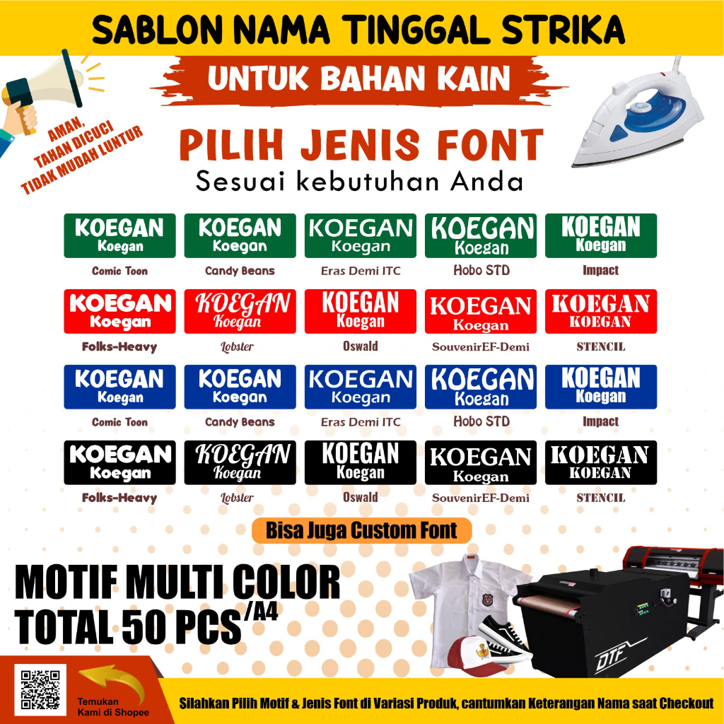 

(1 hari jadi) Stiker Kain Label Nama Baju Anak Sekolah , Name Tag Laundry , Sticker Sablon Setrika DTF Custom Siap Press