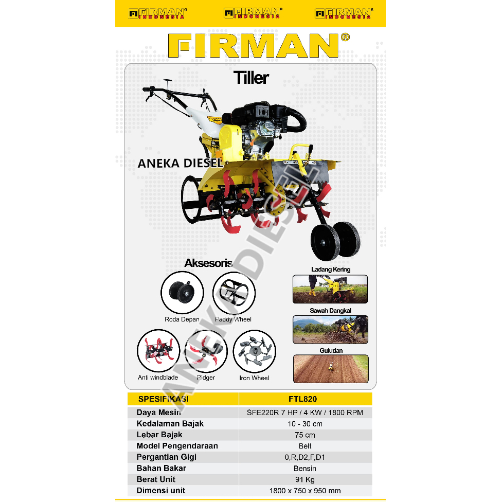 Mesin Bajak Sawah Traktor Solar FIRMAN FTL 820 FIRMAN Engine SFE 220R Cultivator Tiller Machine FTL 