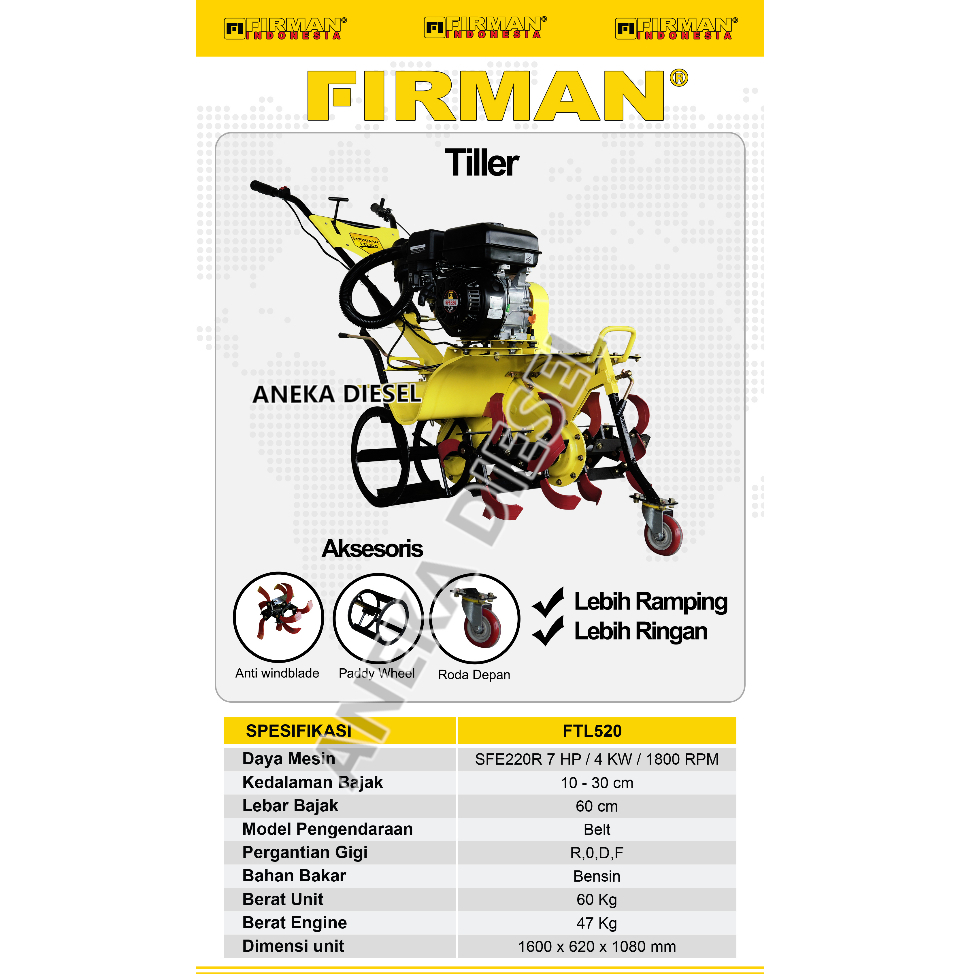 Mesin Bajak Sawah Traktor Bensin FIRMAN FTL 520 FIRMAN Engine SFE 220R Cultivator Tiller Machine FTL